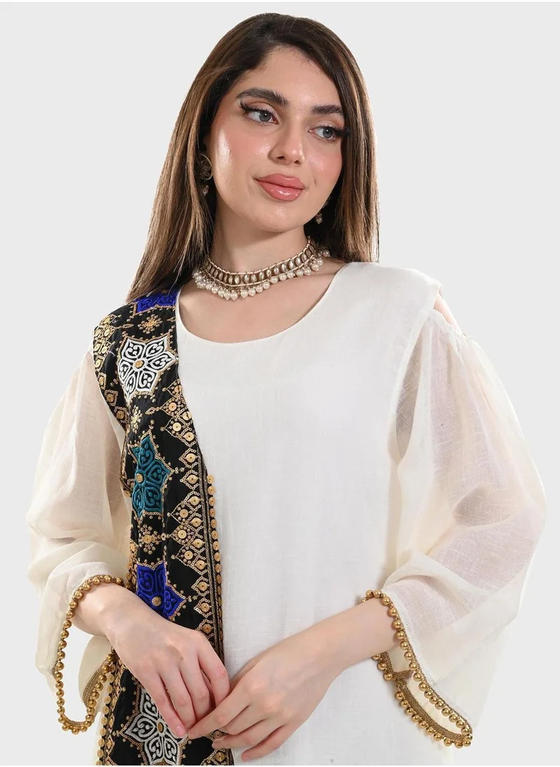 توب تاتو Mesh Printed Tie Detail Jalabiya