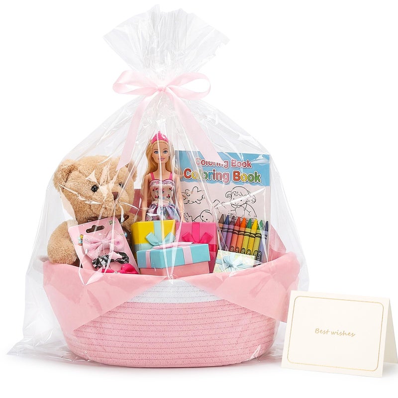 woric Baby Gifts Basket Woven Easter Basket Rope Baskets for Gifts Empty Baby Shower Toy Storage Girls Baskets Decorative (Pink 12"X 8" X 5" with Gift Bag Card Ribbon Tissue Paper) - Image 2