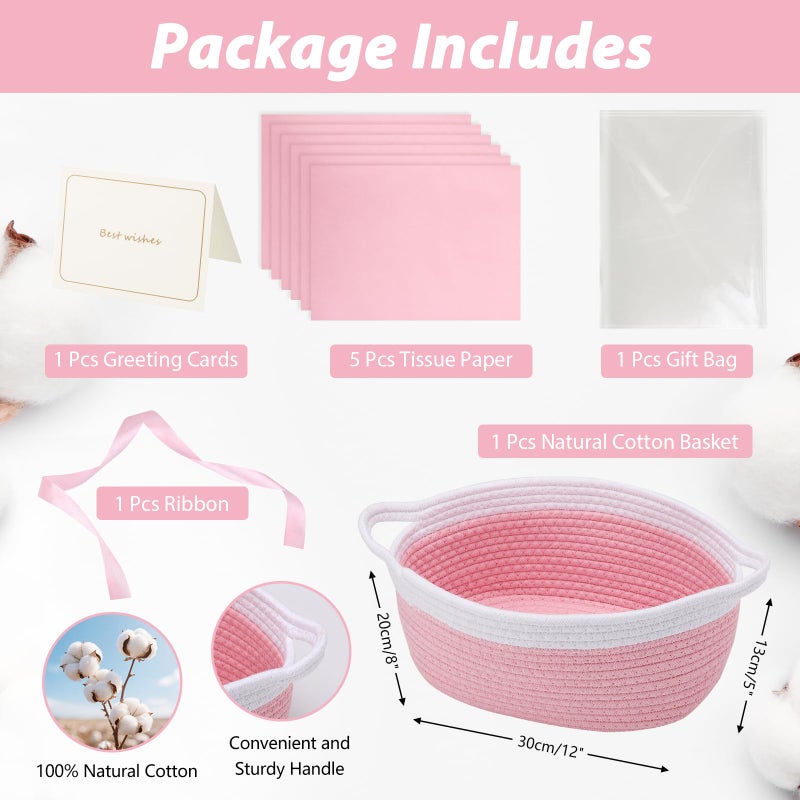 woric Baby Gifts Basket Woven Easter Basket Rope Baskets for Gifts Empty Baby Shower Toy Storage Girls Baskets Decorative (Pink 12"X 8" X 5" with Gift Bag Card Ribbon Tissue Paper) - Image 3