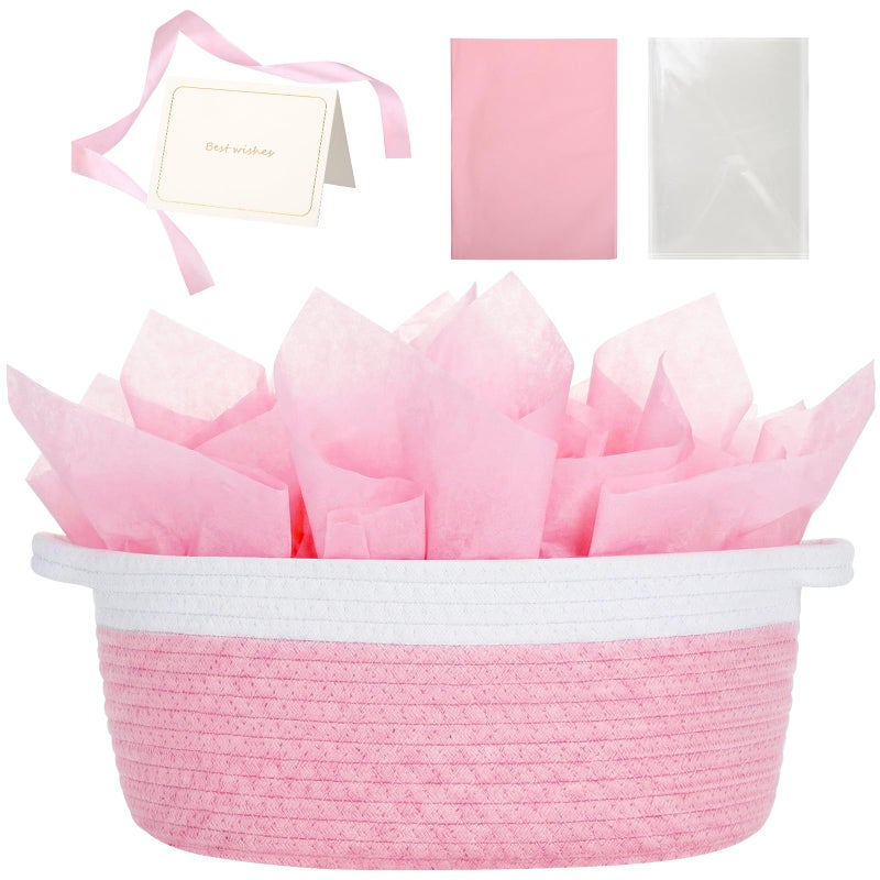 woric Baby Gifts Basket Woven Easter Basket Rope Baskets for Gifts Empty Baby Shower Toy Storage Girls Baskets Decorative (Pink 12"X 8" X 5" with Gift Bag Card Ribbon Tissue Paper) - Image 1
