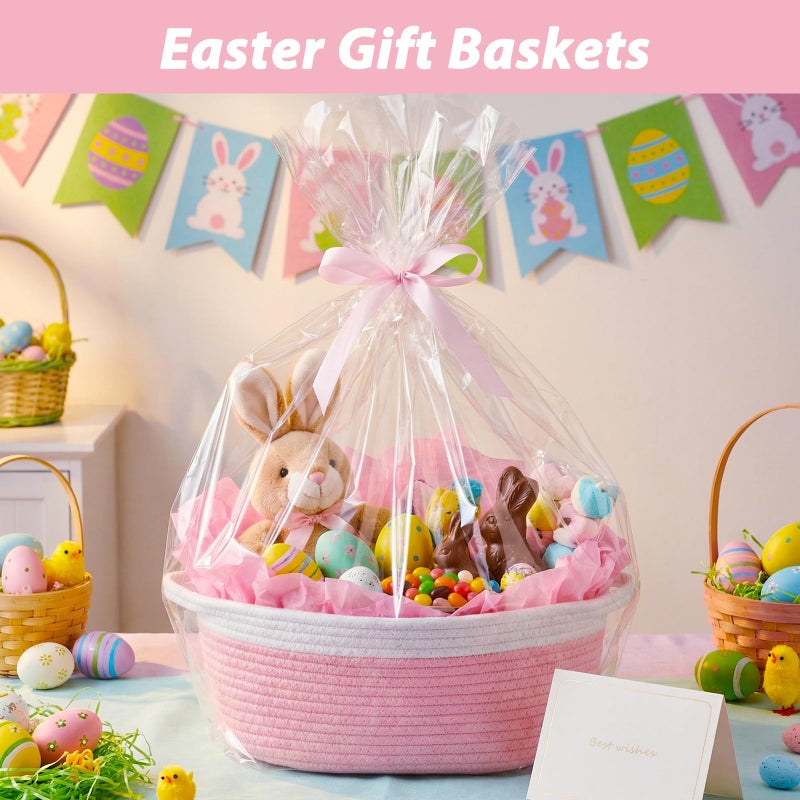 woric Baby Gifts Basket Woven Easter Basket Rope Baskets for Gifts Empty Baby Shower Toy Storage Girls Baskets Decorative (Pink 12"X 8" X 5" with Gift Bag Card Ribbon Tissue Paper) - Image 5