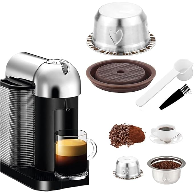 SYOSI Reusable Stainless Steel Pods For Nespresso Vertuo 230Ml Coffee Capsule Set With Silicone Lid Spoon And Brush Coffee Accessories Compatible With Delonghi Machines - Image 1