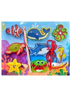 Generic Wooden Magnetic Fishing Game Toys Set with Fish Rod, Cognition Fish Rod Toys Parent-child Interactive Early Educational Toy, Marine Animals  - Image 1