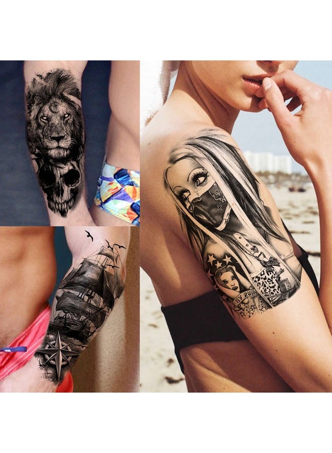 Bilizar 63 Sheets Tribal Wolf Lion Tiger Temporary Tattoos For Men Women Adults, Scary Halloween Skull Gangster Fake Tattoo Stickers Kids, Small 3D Realistic Tattoos Thigh Arm Neck Elephant Warrior - Image 2