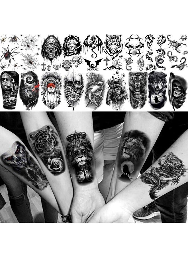 Bilizar 63 Sheets Tribal Wolf Lion Tiger Temporary Tattoos For Men Women Adults, Scary Halloween Skull Gangster Fake Tattoo Stickers Kids, Small 3D Realistic Tattoos Thigh Arm Neck Elephant Warrior - Image 5