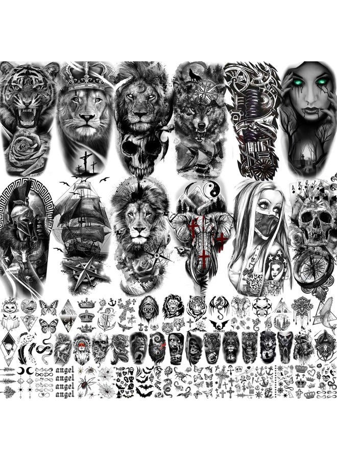 Bilizar 63 Sheets Tribal Wolf Lion Tiger Temporary Tattoos For Men Women Adults, Scary Halloween Skull Gangster Fake Tattoo Stickers Kids, Small 3D Realistic Tattoos Thigh Arm Neck Elephant Warrior - Image 1