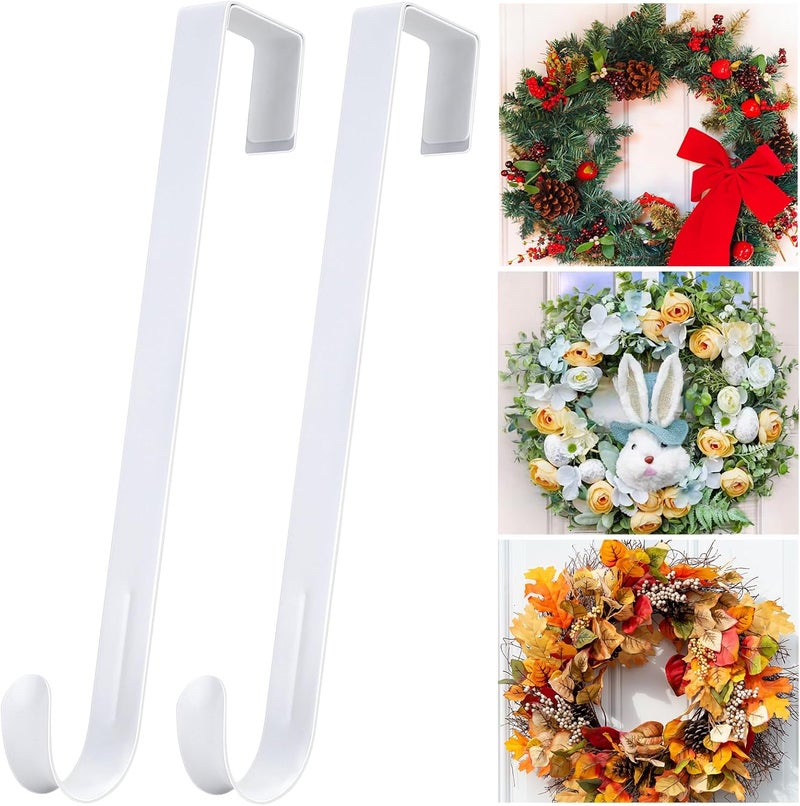 ZYSUN 12” Metal Over the Door Wreath Hanger for Front Door, 2 Pack Non-Scratch Door Hook for Hanging Christmas Wreaths, Holiday Decor & Welcome Signs, Durable Wreath Hanger Hooks for Home Decoration, White - Image 1