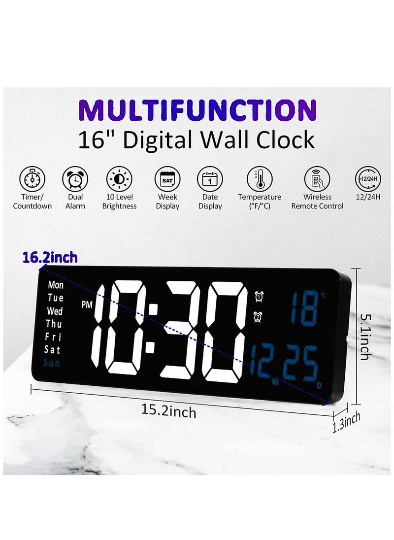 Digital Wall Clock with Large Display 16 inch Alarm Clock with Remote Control LED Digital Clock Large Clock Automatic Brightness Dimmer Big Clock with Date, Week, Temperature