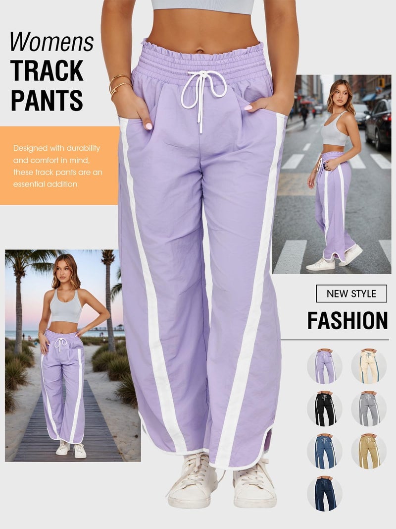 Fisoew Women's Baggy Wide Leg Pants Casual Drawstring Elastic Waisted Contrast Color Workout Y2K Track Pants Purple - Image 4