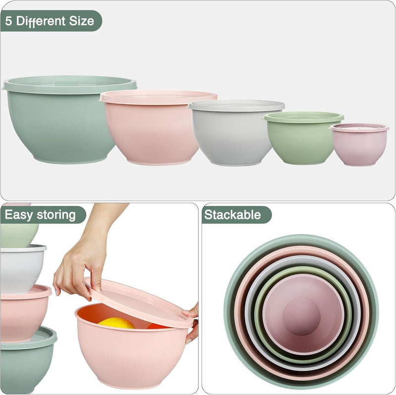 Greentainer Plastic Mixing Bowls Set with Lids, Nesting Bowls for Prepping, Serving, Cooking & Baking, Large Mixing Salad Bowl for Kitchen Storage, Dishwasher & Microwave Safe, Set of 5 (Gray&Pink) - Image 4