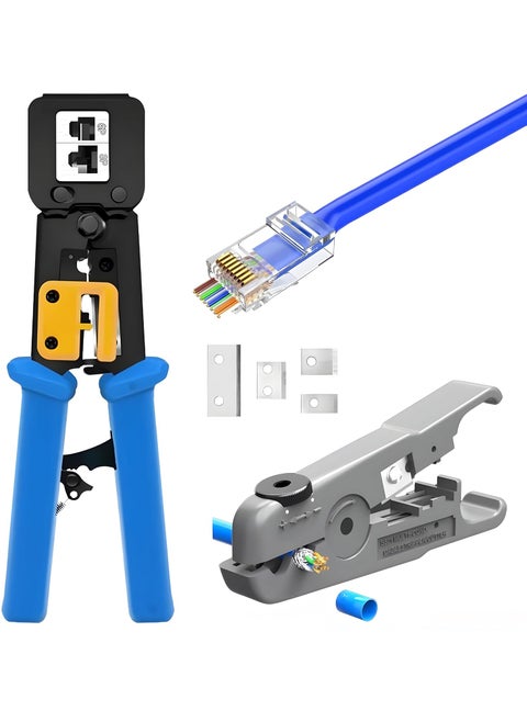 XIKKART Professional RJ45 Crimp PassThrough Cat5 Cat5e Cat6 Heavy Duty Crimping Tool with Cable stripper Blue Network Cable Cutting Stripping Crimper Wire Stripper Wire Cutter