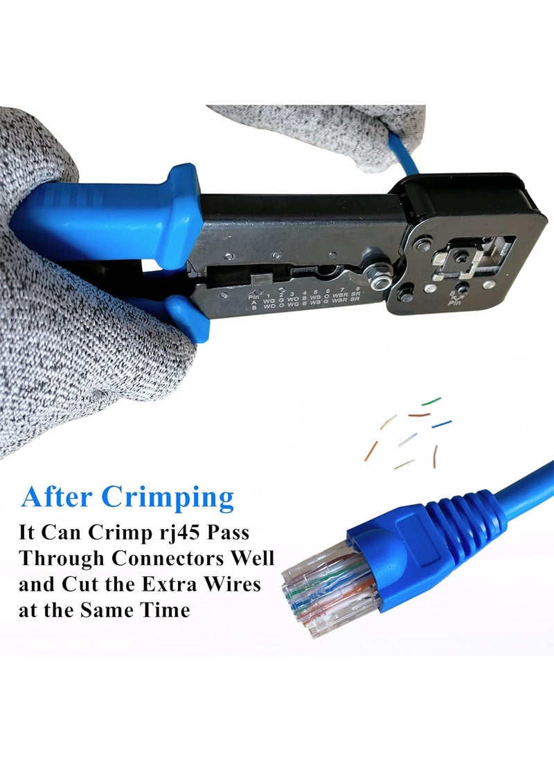 XIKKART Professional RJ45 Crimp PassThrough Cat5 Cat5e Cat6 Heavy Duty Crimping Tool with Cable stripper Blue Network Cable Cutting Stripping Crimper Wire Stripper Wire Cutter