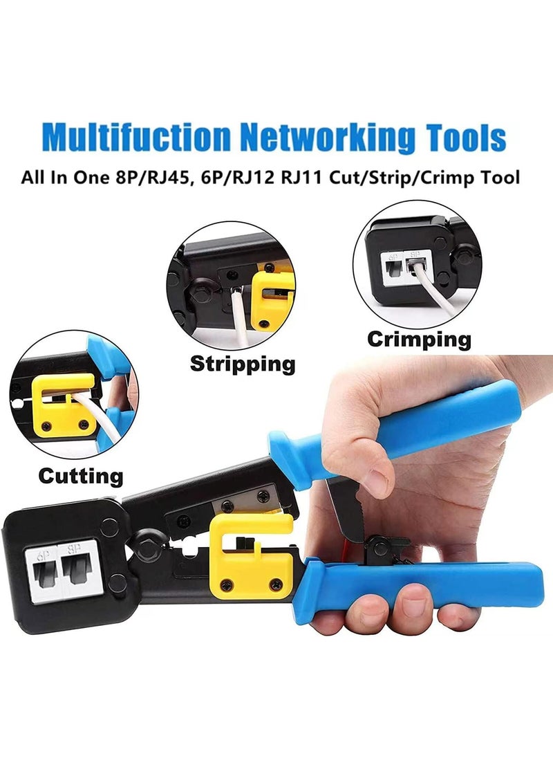 XIKKART Professional RJ45 Crimp PassThrough Cat5 Cat5e Cat6 Heavy Duty Crimping Tool with Cable stripper Blue Network Cable Cutting Stripping Crimper Wire Stripper Wire Cutter