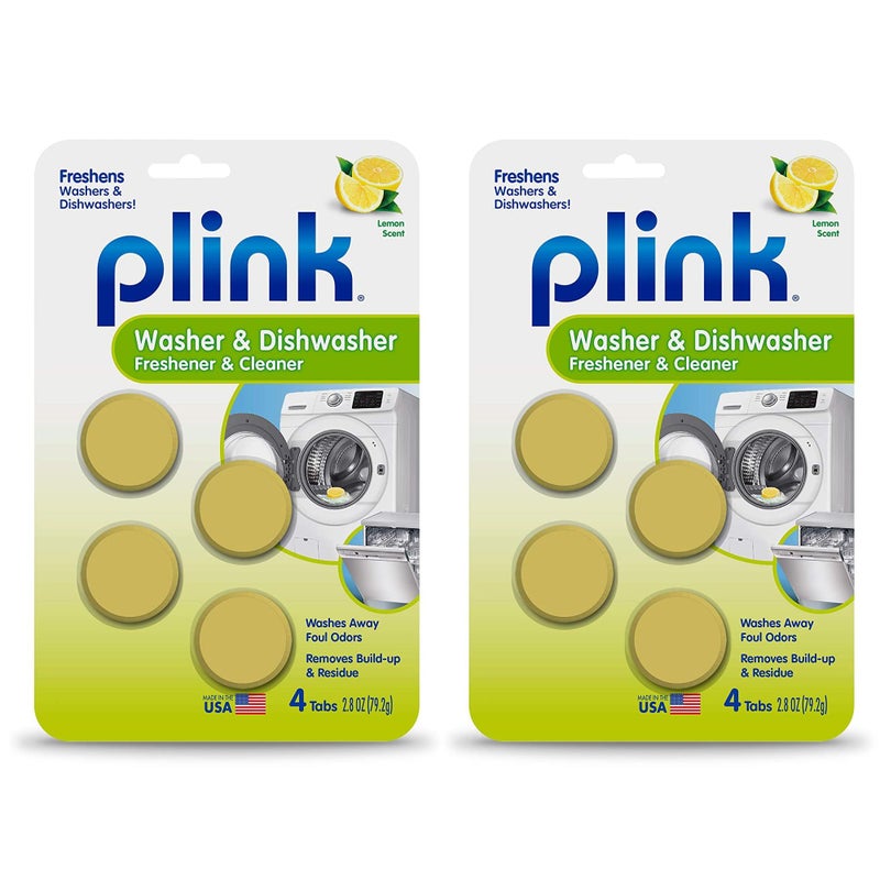 Plink Washer and Dishwasher Freshener and Cleaner, Prevents Residue, Removes Odors in Kitchen and Laundry Room Appliances, Septic-Friendly, Fresh Lemon Scent, 2 Packs of 4 Tablets - Image 1