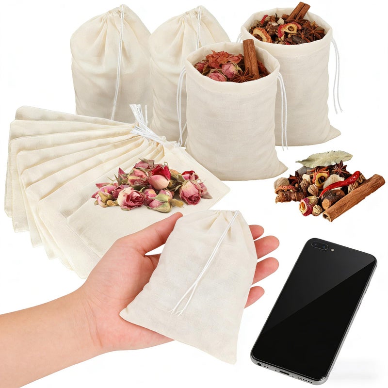 Brelixo 10 Pcs Spice Bags, Reusable Empty Tea Bags, Muslin Strainer Bags, Soup Bags for Cooking Natural Cotton Fine Mesh Cheesecloth Bags for Cold Brew Coffee(4 x3.2Inch) - Image 1