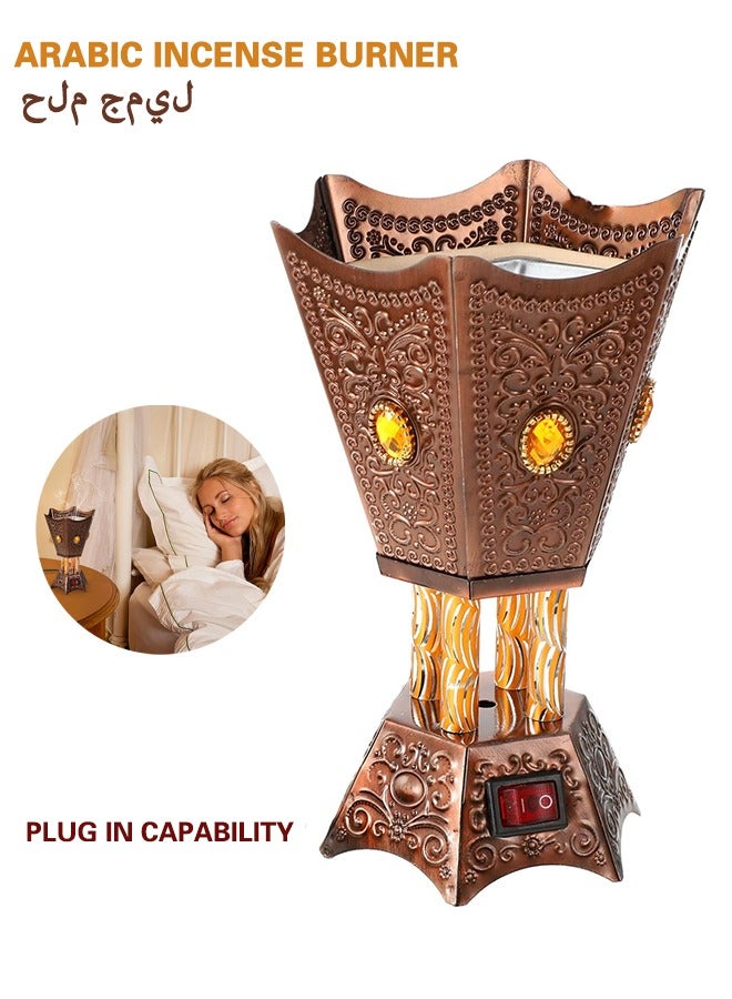 WF Electric Incense Burner Middle Eastern Style Tabletop Electric Censer Censer Metal Incense Burner for Home Office Yoga Spa Decor Copper (UK Plug) - Image 1