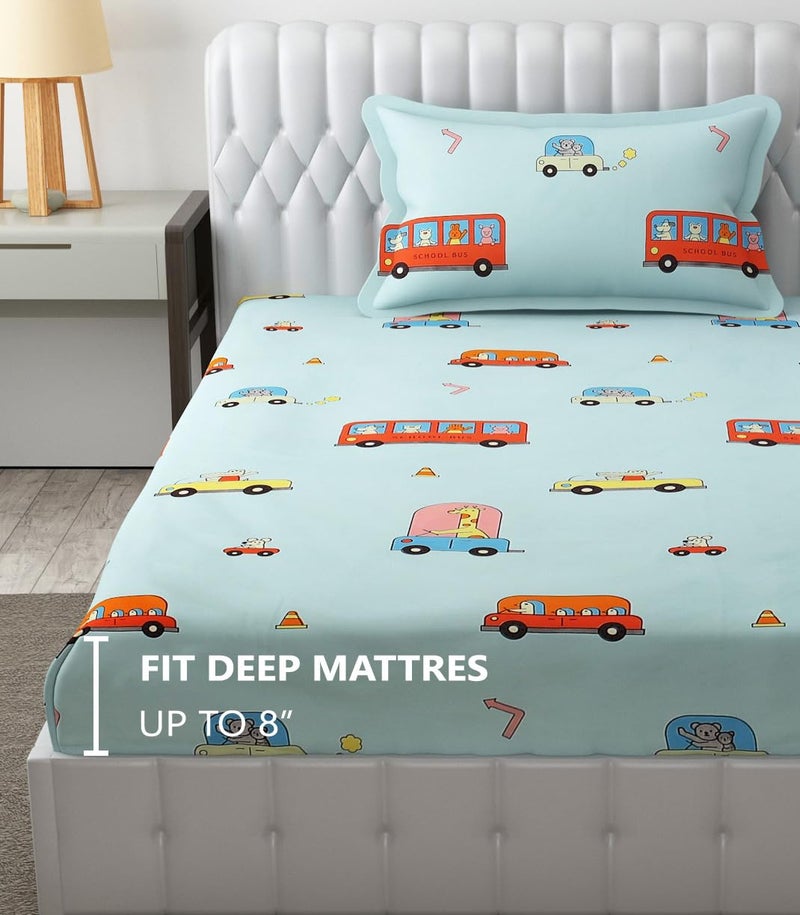 FRESH FROM LOOM Glace Cotton 300 tc Soft Hypoallergenic Elastic Fitted Bed Sheet With 1 Pillow Cover|Cartoon Printed|Kids Bedsheet (Size-36 X78 Inches (Fits Up To 8 Inch)|Aqua/Bus), Smallsingle - Image 4