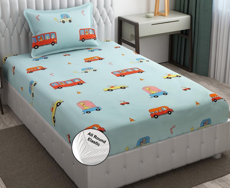 FRESH FROM LOOM Glace Cotton 300 tc Soft Hypoallergenic Elastic Fitted Bed Sheet With 1 Pillow Cover|Cartoon Printed|Kids Bedsheet (Size-36 X78 Inches (Fits Up To 8 Inch)|Aqua/Bus), Smallsingle - Image 1
