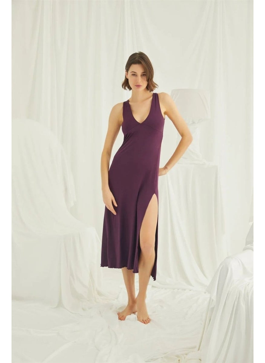 Monamise Women's Burgundy Chest and Back Decoted Lace Brode Slit Nightgown 19226  - Image 1