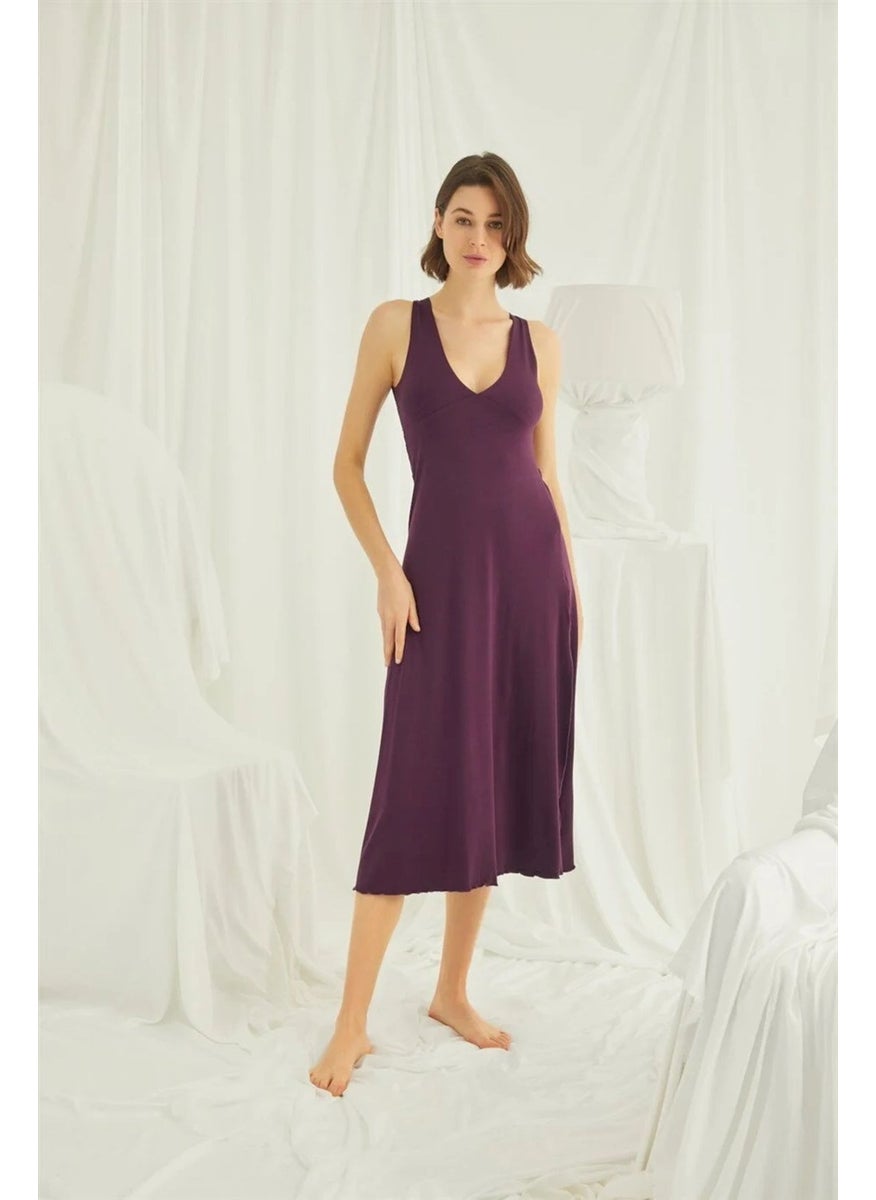Monamise Women's Burgundy Chest and Back Decoted Lace Brode Slit Nightgown 19226  - Image 2