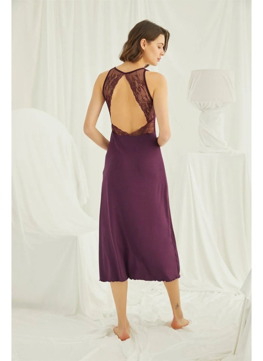 Monamise Women's Burgundy Chest and Back Decoted Lace Brode Slit Nightgown 19226  - Image 3