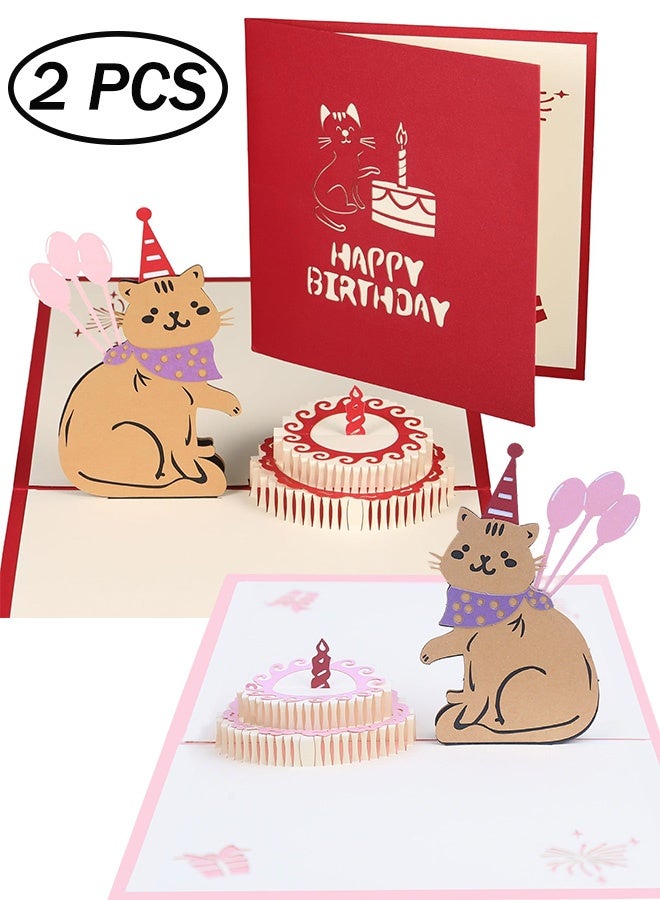 2-piece 3D Cat Design Birthday Cake Cards Paper Pop Up Birthday Cards Funny Birthday Gifts Handmade Greeting Cards for Cat Lovers,Greeting Cards for Mother's Day,Teacher's Day, Anniversary - Image 1