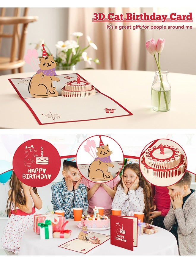 2-piece 3D Cat Design Birthday Cake Cards Paper Pop Up Birthday Cards Funny Birthday Gifts Handmade Greeting Cards for Cat Lovers,Greeting Cards for Mother's Day,Teacher's Day, Anniversary - Image 2