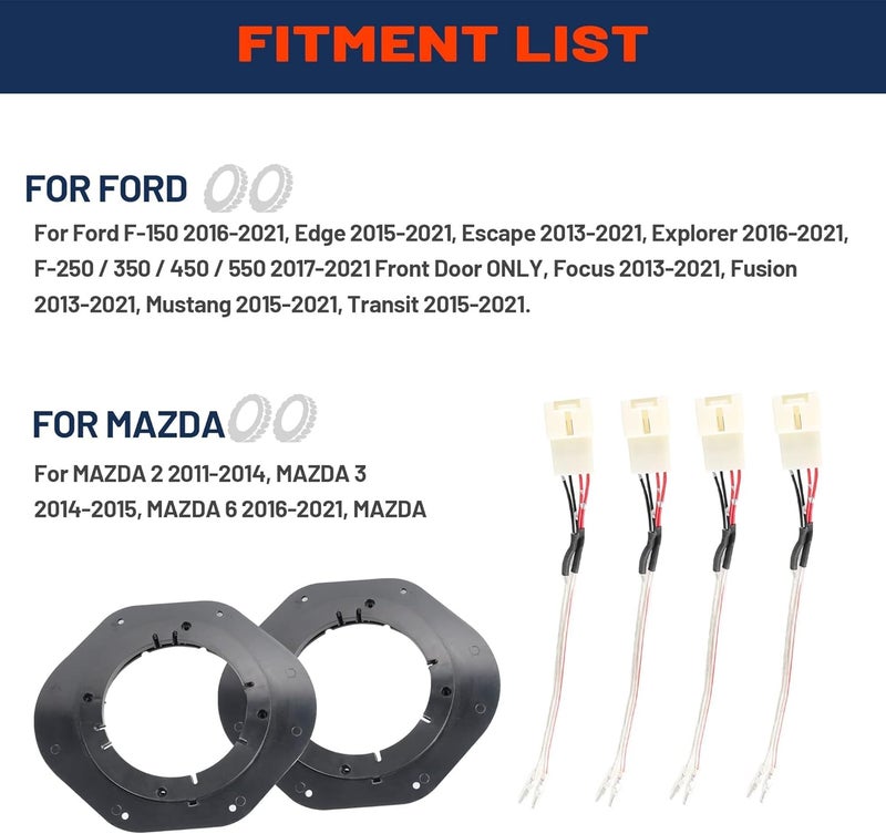 NuIth 6.5 Inch Front Door Speaker Adapter Spacer Ring with Speaker Harness Connector for Ford F150 2015-2022 - Image 3