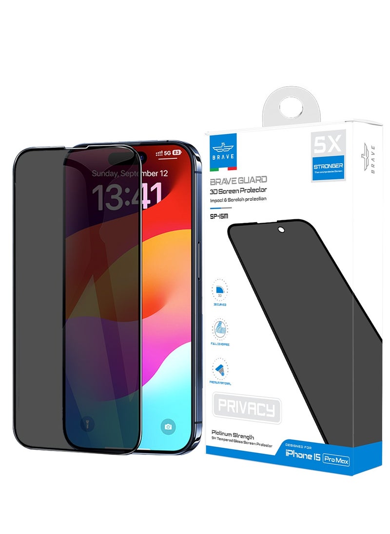 Brave - iPhone 15 Pro Max Privacy Screen Protector 6.7 inch, [Full Coverage & Military Grade Shatterproof] Anti Spy 9H Tempered Glass Screen Protector [Longest Durable] Easy Installation, Case Friendly, Black - Image 1