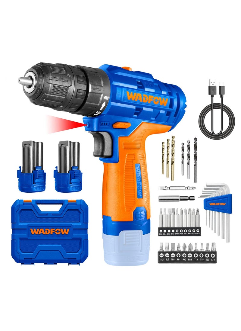 WADFOW WADFOW Cordless Drill Machine 12V LithiumIon Drill Machine 20Nm 0810Mm 151 Torque 2 Speed Gear Drill Machine For Home Use With 2 Pcs Batterie Usb Charge Cable Green  - Image 1
