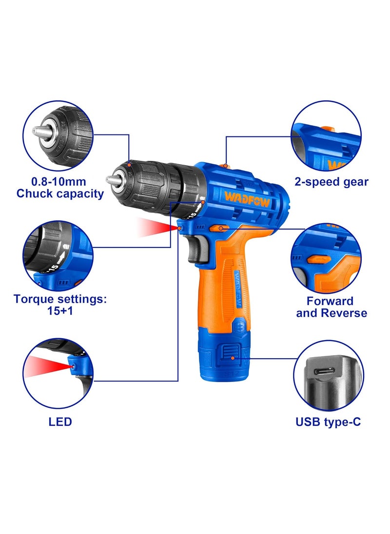 WADFOW WADFOW Cordless Drill Machine 12V LithiumIon Drill Machine 20Nm 0810Mm 151 Torque 2 Speed Gear Drill Machine For Home Use With 2 Pcs Batterie Usb Charge Cable Green  - Image 2