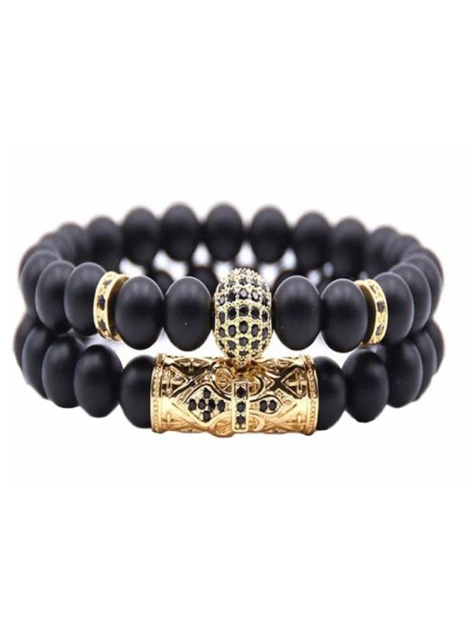 2-Piece Onyx Beaded Bracelet Set - Men Jewelry, Bringing Good Luck, Courage and Strength #Black/Gold - Image 1