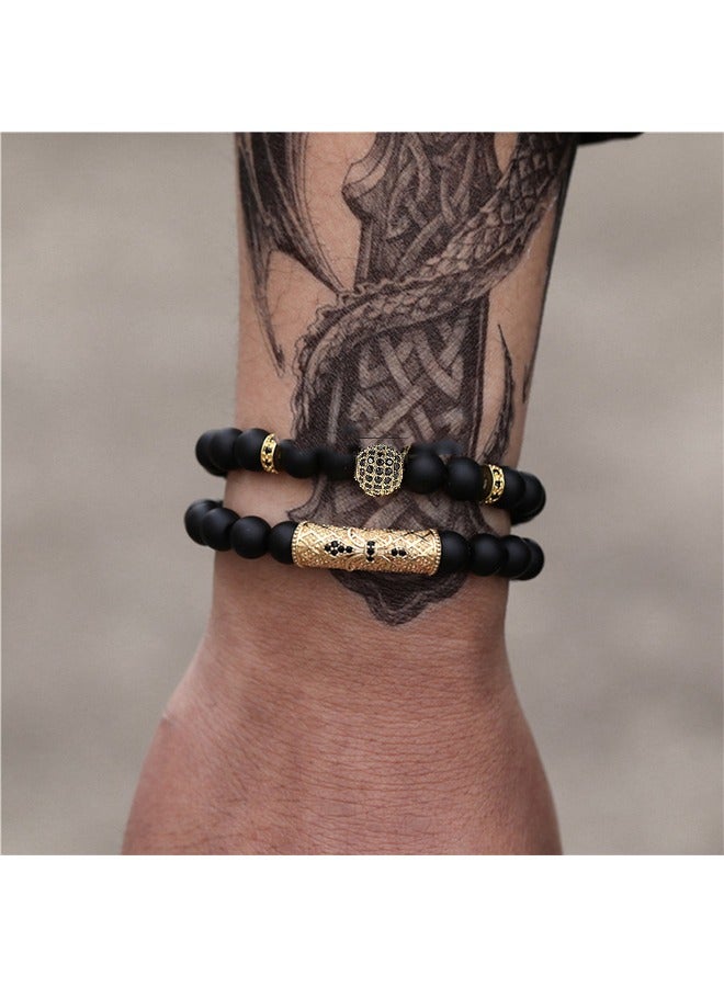 2-Piece Onyx Beaded Bracelet Set - Men Jewelry, Bringing Good Luck, Courage and Strength #Black/Gold - Image 2