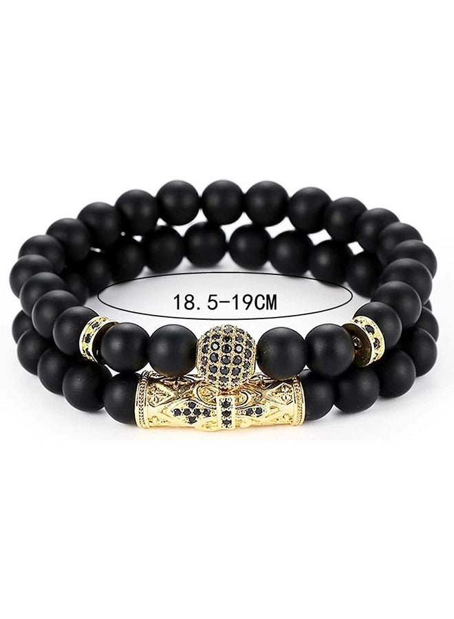 2-Piece Onyx Beaded Bracelet Set - Men Jewelry, Bringing Good Luck, Courage and Strength #Black/Gold - Image 3