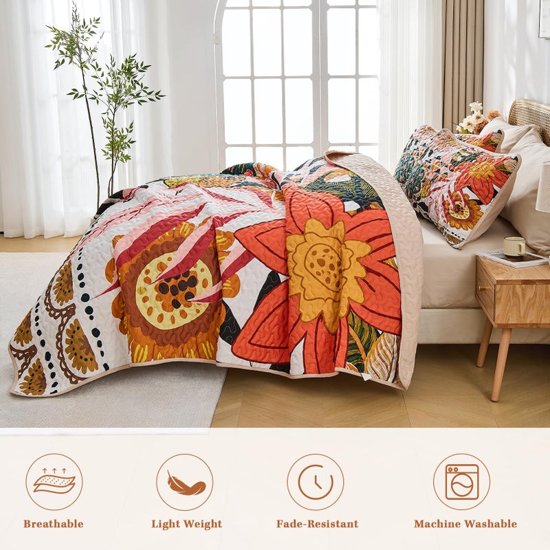 Pamnest Quilt Set Full/Queen Size, Boho Floral 3 Pcs Soft Bed Cover Bedding Set, Mid Century Flowers Lightweight Bedspread Coverlet with 2 Pillow Sham for All Season - Image 4