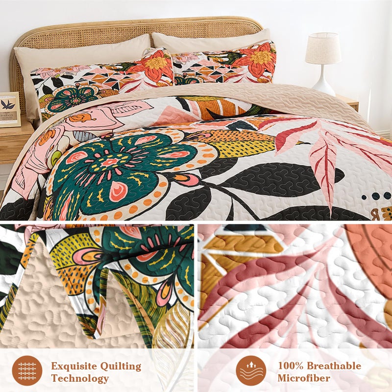 Pamnest Quilt Set Full/Queen Size, Boho Floral 3 Pcs Soft Bed Cover Bedding Set, Mid Century Flowers Lightweight Bedspread Coverlet with 2 Pillow Sham for All Season - Image 5
