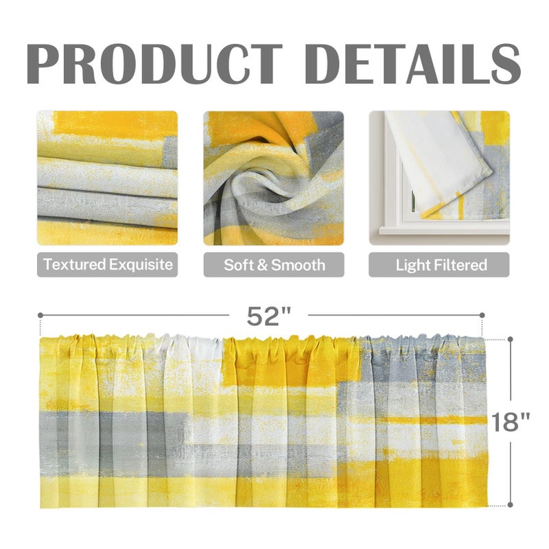 Emvency 4 Pack Valances Window Treatments, Yellow and Grey Abstract Modern Art Blackout Adjustable for Living Room Bathroom Bedroom Kitchen Over Sink, 18x52 Inch Rod Pocket Valances - Image 3