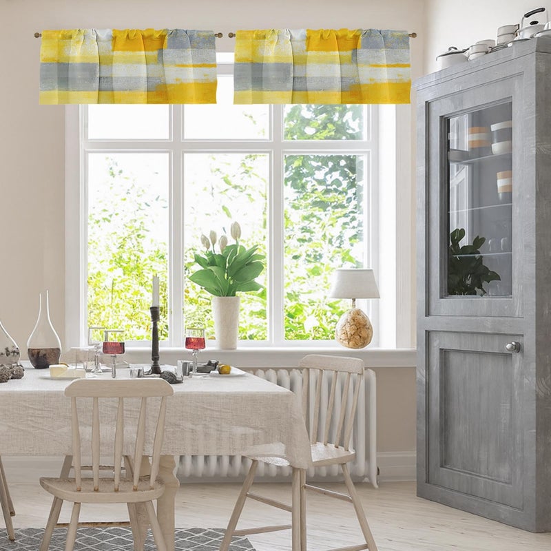 Emvency 4 Pack Valances Window Treatments, Yellow and Grey Abstract Modern Art Blackout Adjustable for Living Room Bathroom Bedroom Kitchen Over Sink, 18x52 Inch Rod Pocket Valances - Image 2