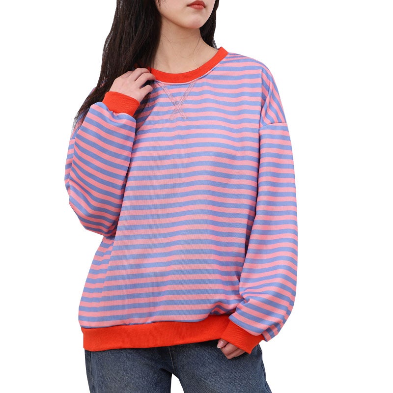 Stripesd Pattern Round Neck Trendyy Spring Simple Home Casual Long-Sleeved Pullover Color Matching T-Shirt - Image 3