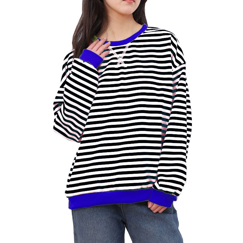 Stripesd Pattern Round Neck Trendyy Spring Simple Home Casual Long-Sleeved Pullover Color Matching T-Shirt - Image 1