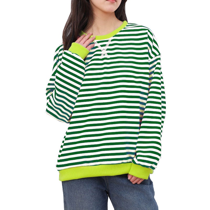 Stripesd Pattern Round Neck Trendyy Spring Simple Home Casual Long-Sleeved Pullover Color Matching T-Shirt - Image 4