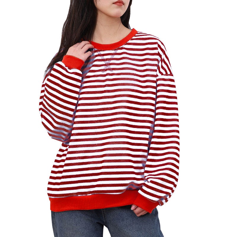 Stripesd Pattern Round Neck Trendyy Spring Simple Home Casual Long-Sleeved Pullover Color Matching T-Shirt - Image 2