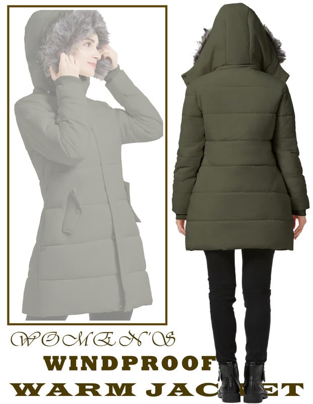 GGleaf Women's Winter Thicken Puffer Coat Warm Snow Jacket with Fur Removable Hood Army Green Medium - Image 5