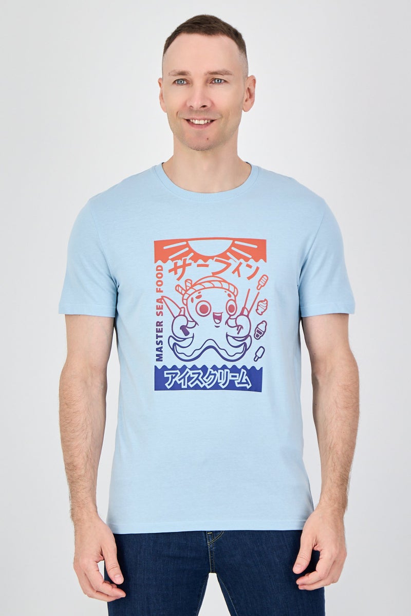 Celio Men Crew Neck Short Sleeve Graphic Print T-Shirt, Light Blue - Image 1