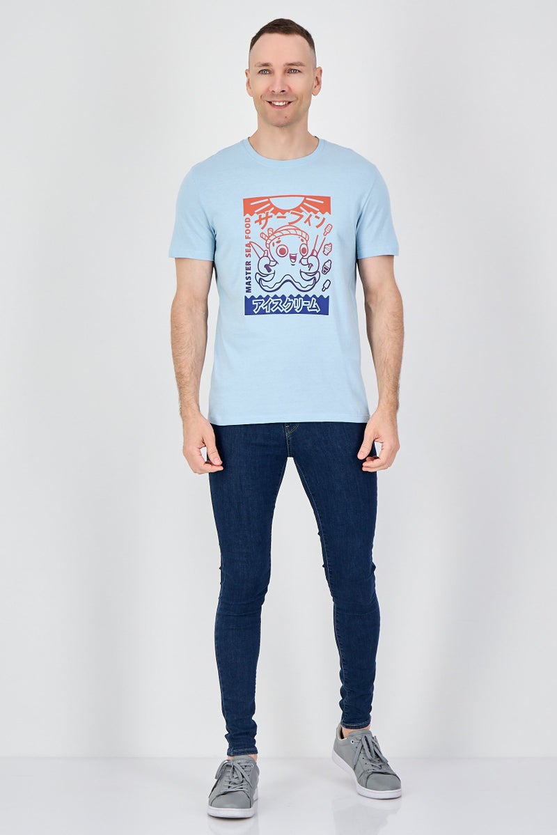 Celio Men Crew Neck Short Sleeve Graphic Print T-Shirt, Light Blue - Image 4