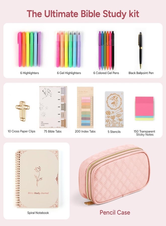 BellaHold Bible Study Kit for Women and Girls - 50PCS Bible Journaling Supplies, 11 Bible Accessories, No-Bleed Highlighters, Pens, Bible Tabs, Large Pencil Case, Christian Gift (Light Pink) - Image 2