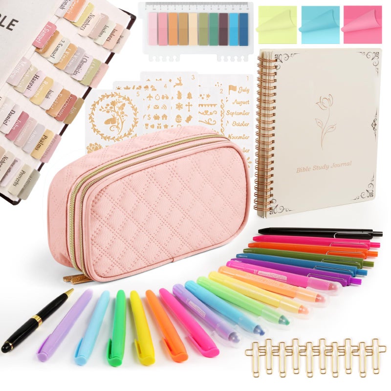 BellaHold Bible Study Kit for Women and Girls - 50PCS Bible Journaling Supplies, 11 Bible Accessories, No-Bleed Highlighters, Pens, Bible Tabs, Large Pencil Case, Christian Gift (Light Pink) - Image 1