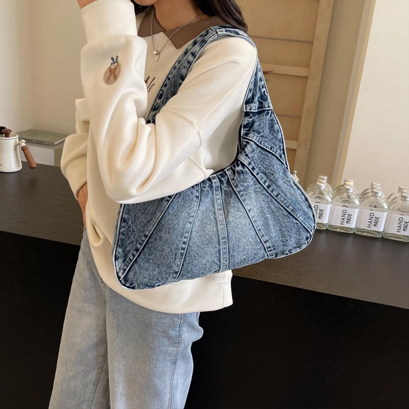 Extolove Denim Purse Trendy Jean Purses for Women Denim Hobo Tote Bags Y2K Shoulder Bag Handbags (Denim Blue) - Image 3