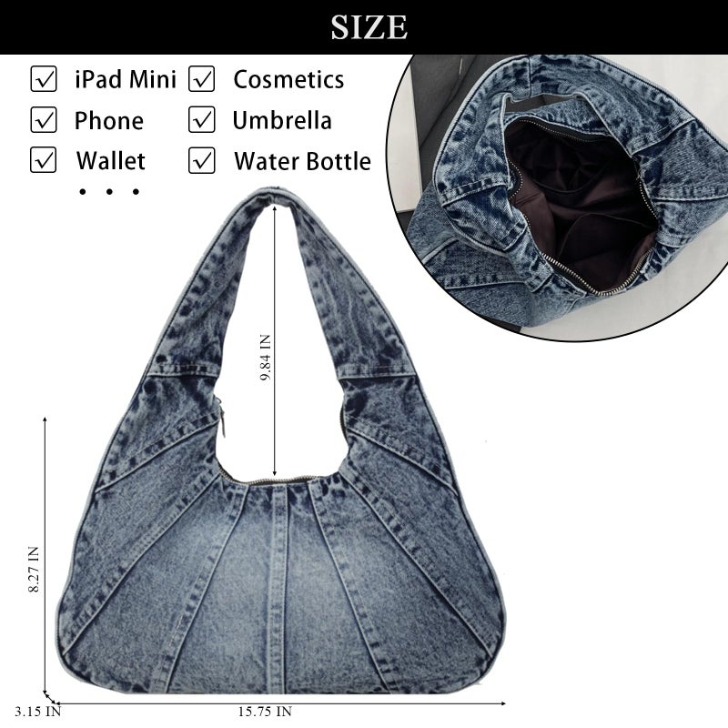 Extolove Denim Purse Trendy Jean Purses for Women Denim Hobo Tote Bags Y2K Shoulder Bag Handbags (Denim Blue) - Image 4