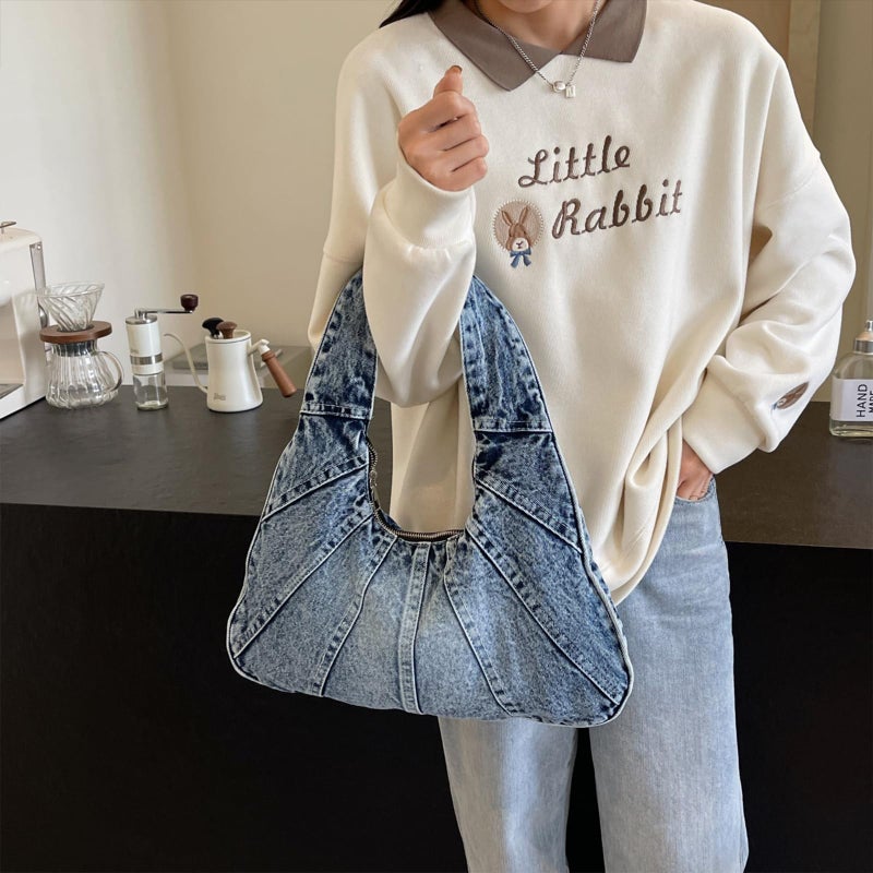 Extolove Denim Purse Trendy Jean Purses for Women Denim Hobo Tote Bags Y2K Shoulder Bag Handbags (Denim Blue) - Image 2